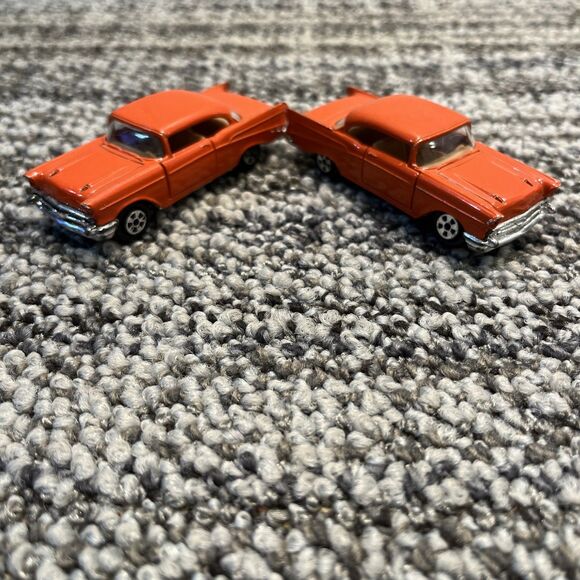 Pair (2) VTG Ertl Orange 57 Chevy Bel Air 1/64 Die-cast Car Open Doors Hong Kong - Picture 2 of 16